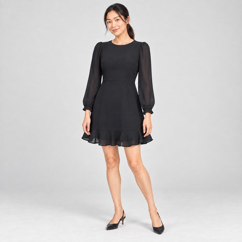 J.Crew Dress WMNS 2 Black Flounce Hem Chiffon Mini Sheer Romantic Minimalist